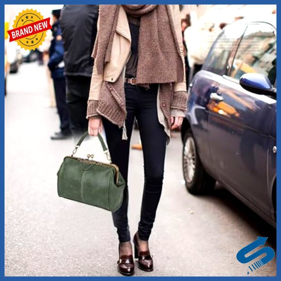 Vegan Leather Satchel with Kiss Lock Closure, Adjustable Strap, 11x8.6 Inches - Picture 2 of 7